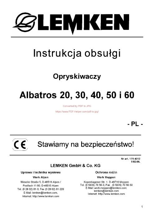 Instrukcja obsługi Opryskiwacz Lemken Primus, Albatros 20, - 60