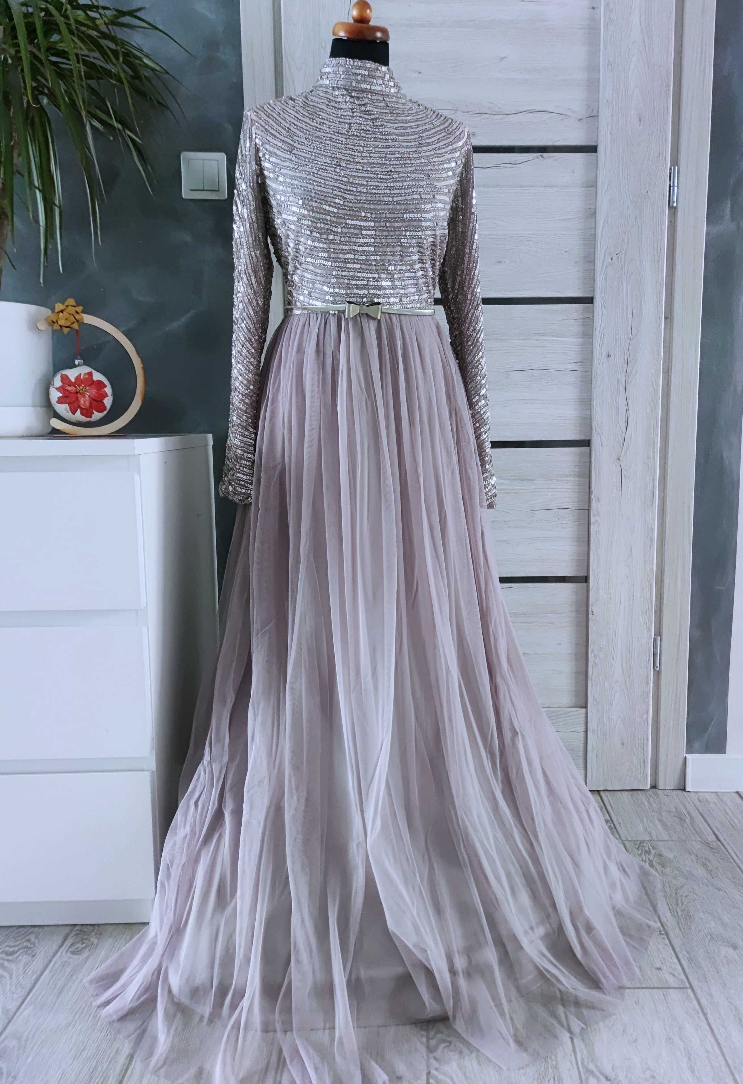 długa suknia z cekinami rozmiar 42 xl długim rękawem ze stójką wesele