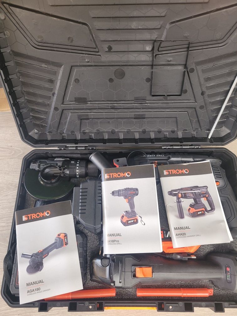 Stromo PA210SET (болгарка, перфоратор, шуруповерт, 3 АКБ, 2 ЗП)