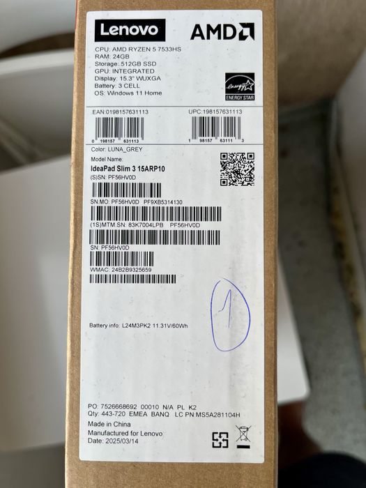 Lenovo IdeaPad Slim 3 15ARP10 - R5 25GB 512GB SSD WIN 11