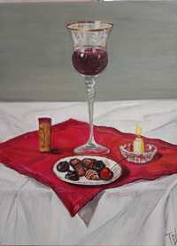 Натюрморт,  конфеты, бокал вина картина маслом на холсте 30х40