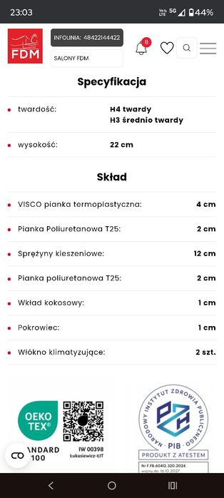 Nowy Materac kieszeniowy FDM KASPER 180x200, pianka visco, kokos, H3-H