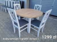 Nowe: Stół okrągły + 4 krzesła, biały/artisan + grafit ( krzyż )