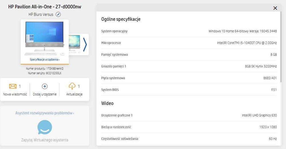 All-in-One HP Pavilion 27 i5/8GB/512GB SSD Win11 Biały