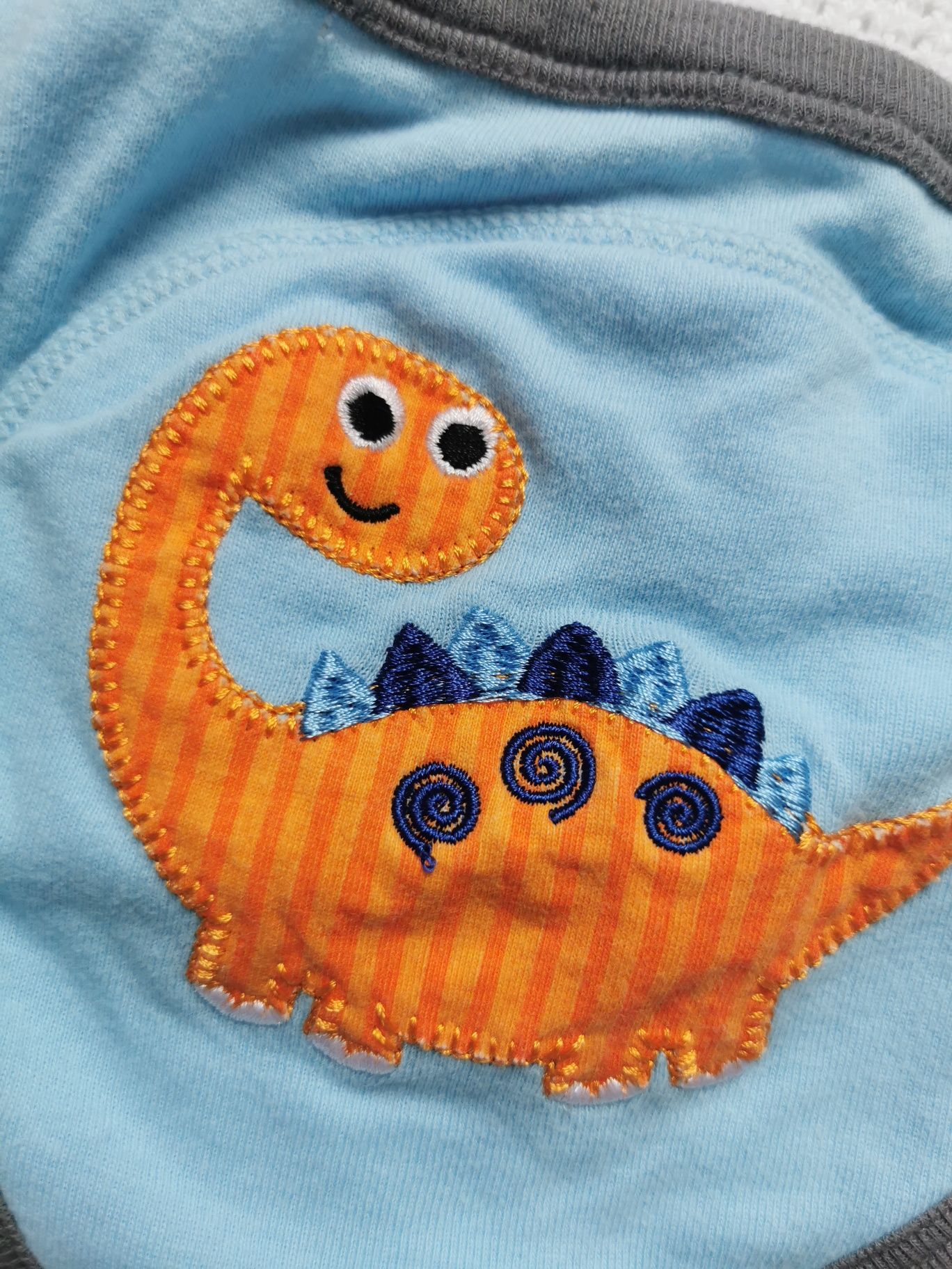 Niebieskie bawełniane majteczki z pomarańczowym dinozaurem. Założone z