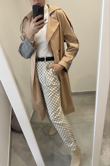 Chinosy spodnie w kratę L 40 beżowe eleganckie Lola May do pracy