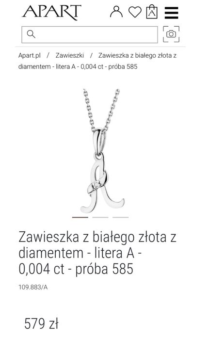 Zawieszka złota z diamentem/ białe złoto rodowane/ Apart litera A