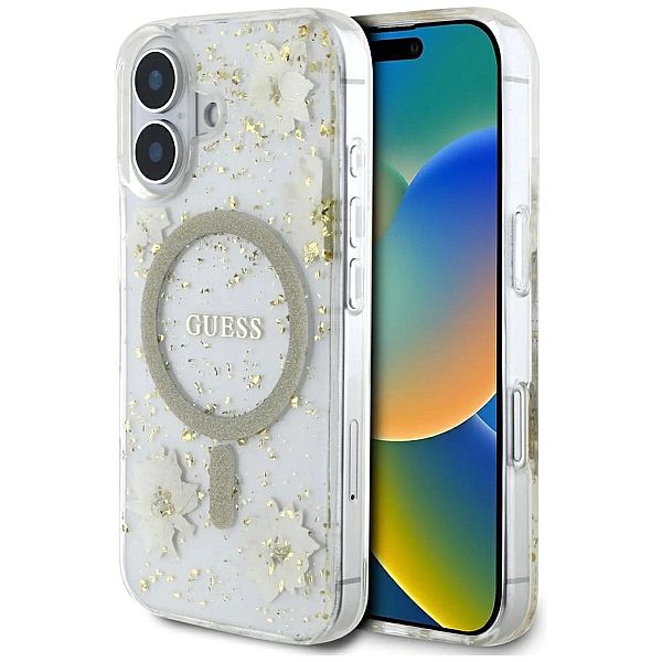 Etui Guess Resin Flowers Glitter MagSafe na iPhone 16 - beżowe