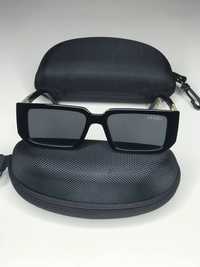Женские солнцезащитные очки PRADA черные глянцевые прямоугольные Прада
