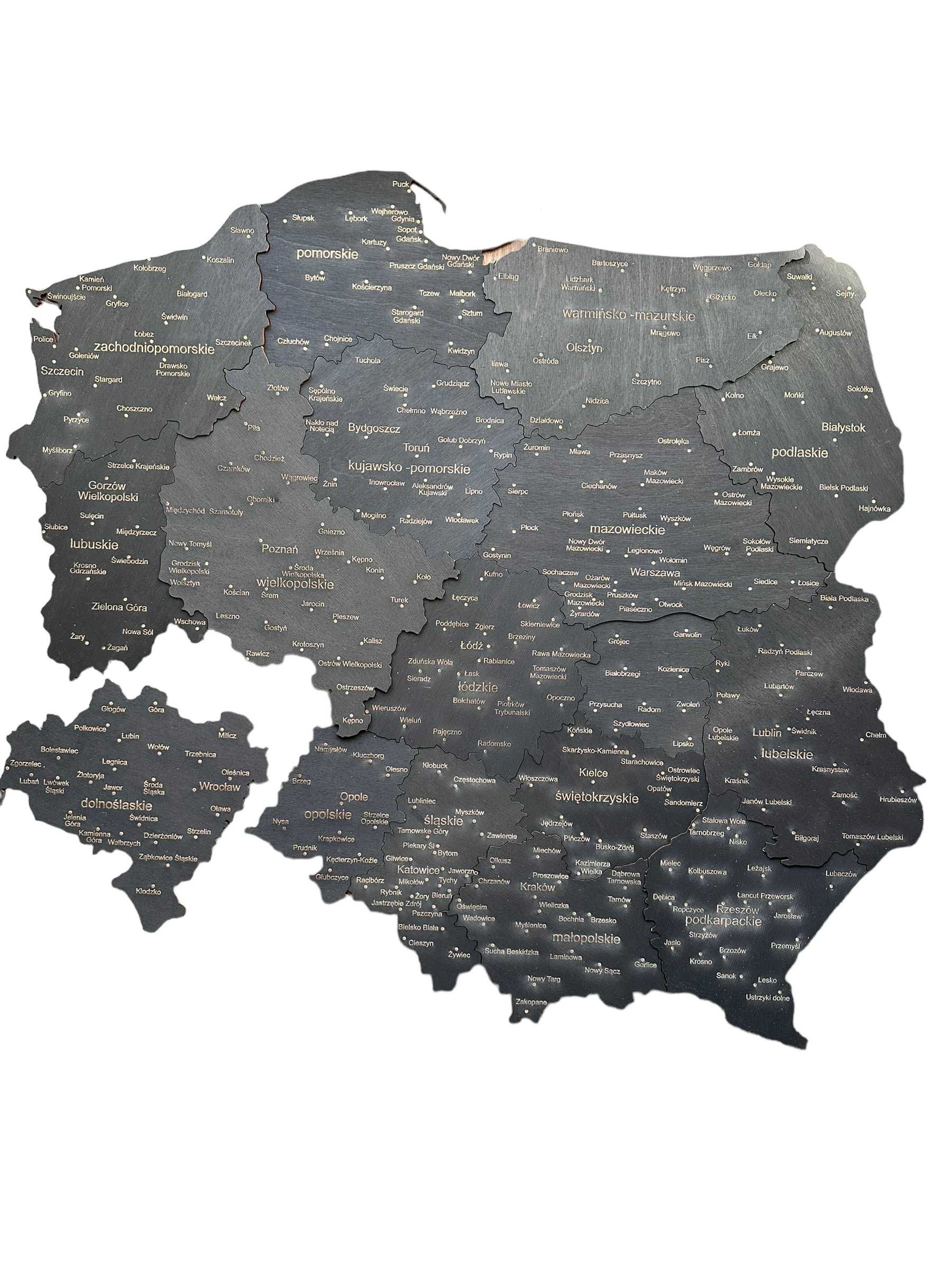 Drewniana nowa mapa Polski czarna, województwa 160 cm