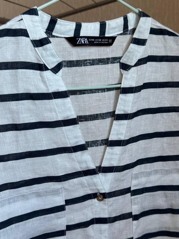 Льняная рубашка ZARA лен довга блузка в полоску