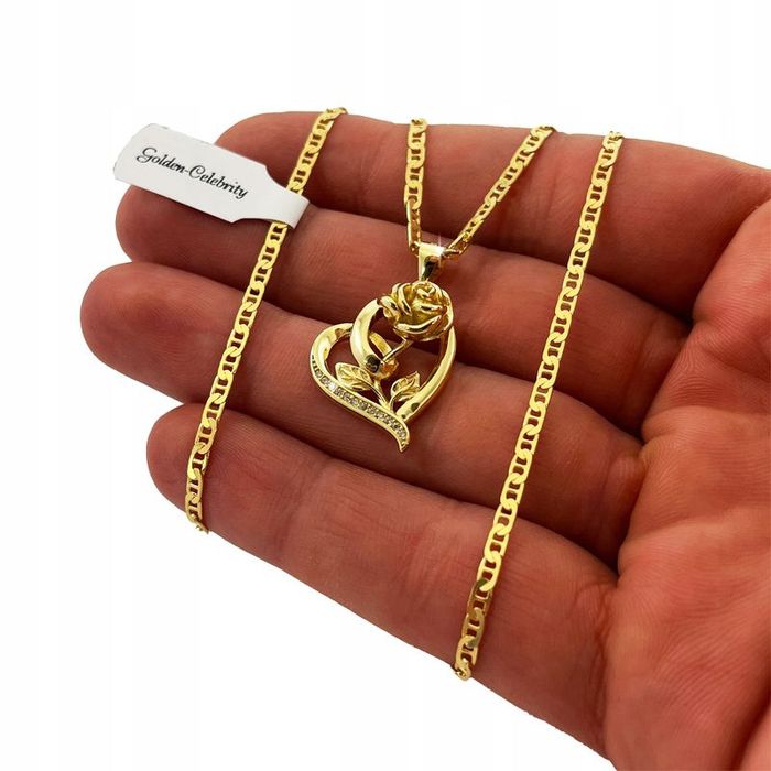 Ekskluzywny Damski Łańcuszek Gucci + Duże Serce Z Różą Srebro 925 Złot