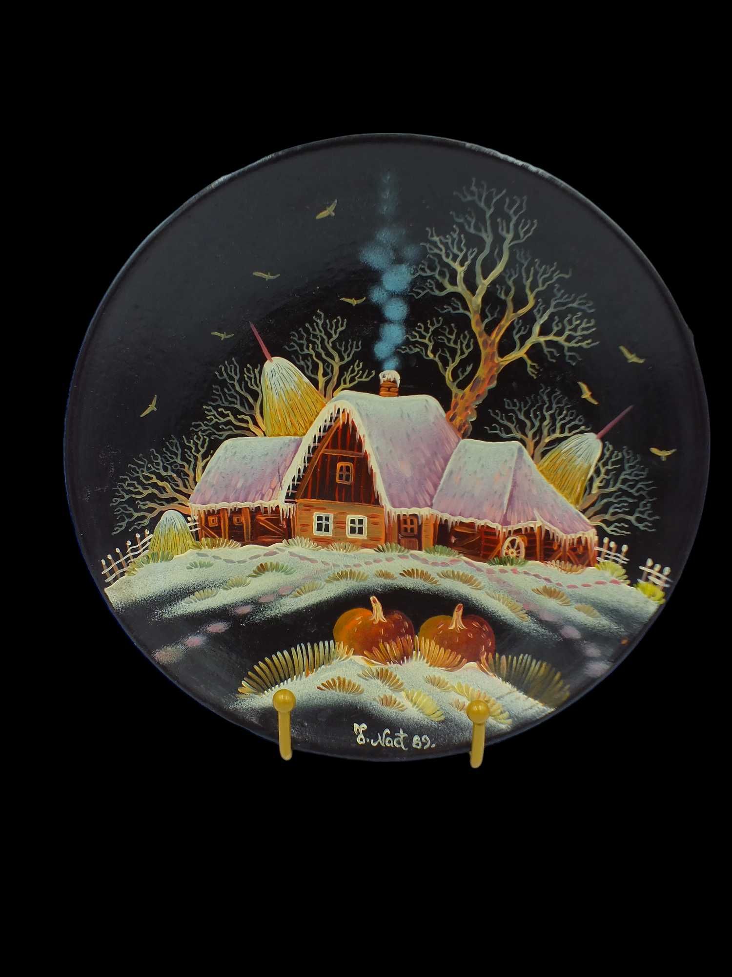 Obraz na talerzu ceramicznym Wiejska Chata zimą 1982 r B121603