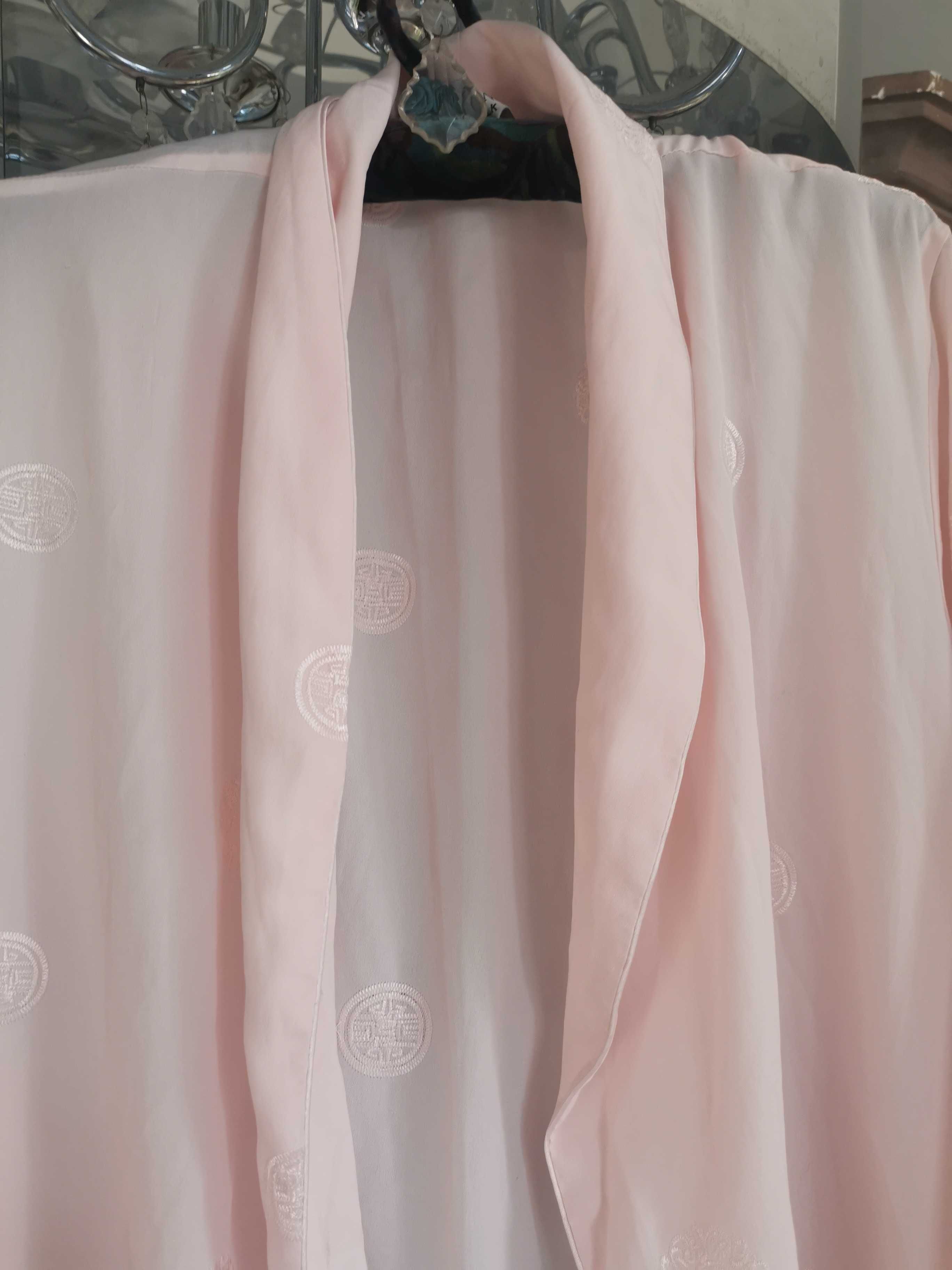 Piekne kimono szlafrok 100% jedwab jasny orient roz r.