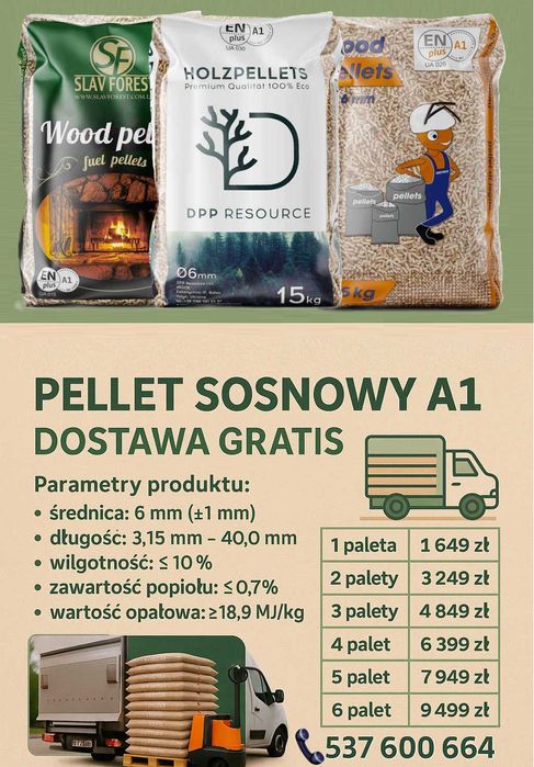 Pellet sosnowy 15 kg – certyfikowana klasa A1  darmowa DOSTAWA