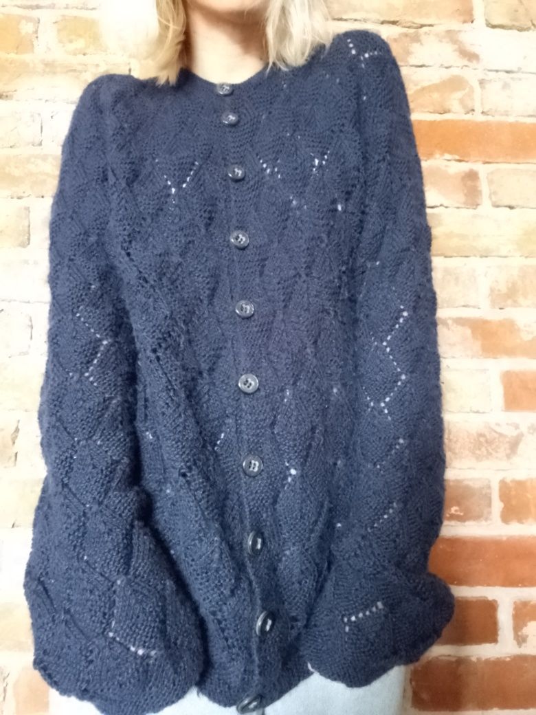 Granatowy ażurowy kardigan sweter oversize 100% wełna handmade