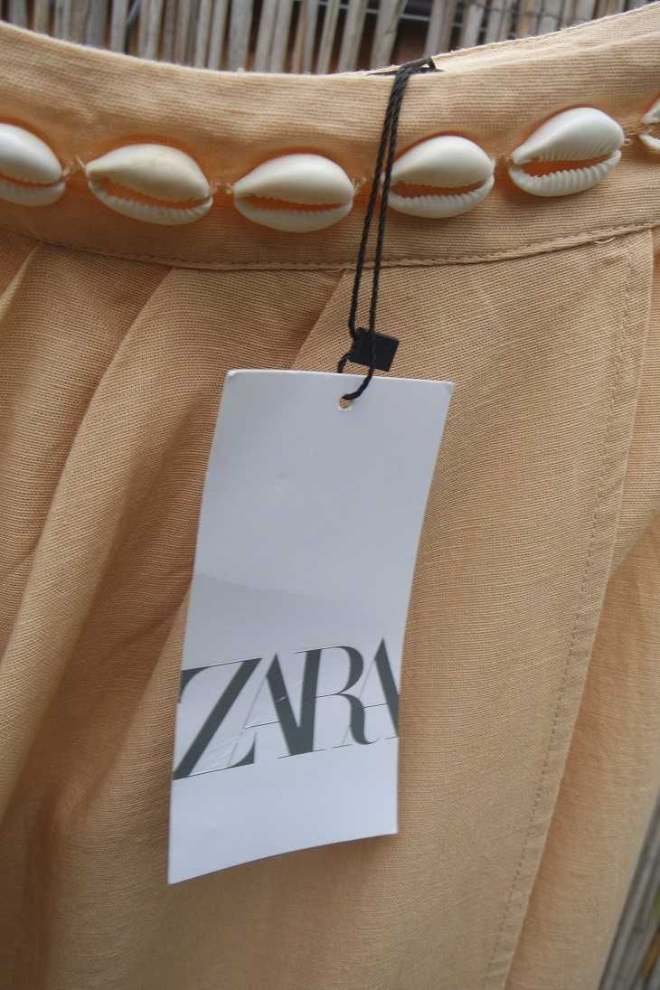 ZARA spódnica midi piaskowa beżowa muszelki bawełna + len Nowa 36/S