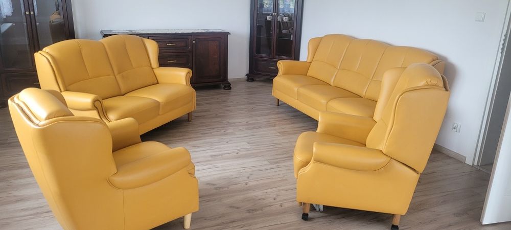 Zestaw wypoczynkowy skóra naturalna  stan idealny 3,2,1,1 leniuch tele