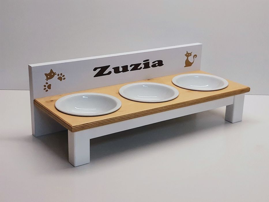 3 Miski ceramiczne dla kotów na stojaku + Twój nadruk - Biały + BUK