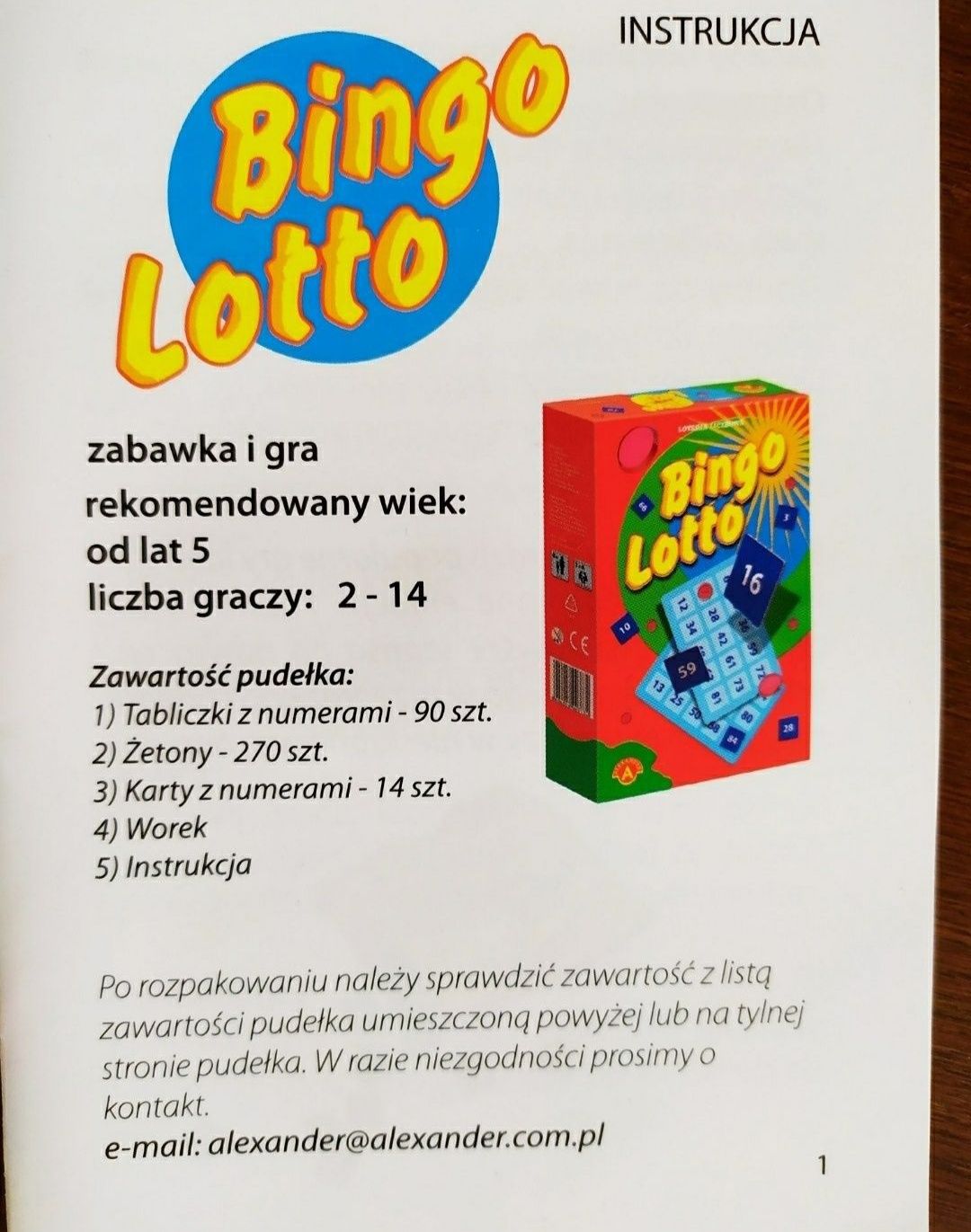Bingo lotto Alexander oryginalna instrukcja