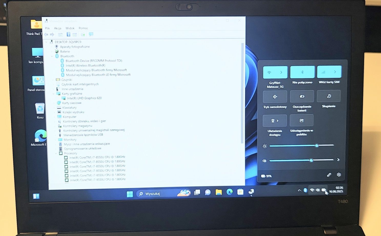 Lenovo ThinkPad T480 BT 5G Wi-Fi SIM LTE 4G/5G Ram 16GB/ M2 256 i7 8ge