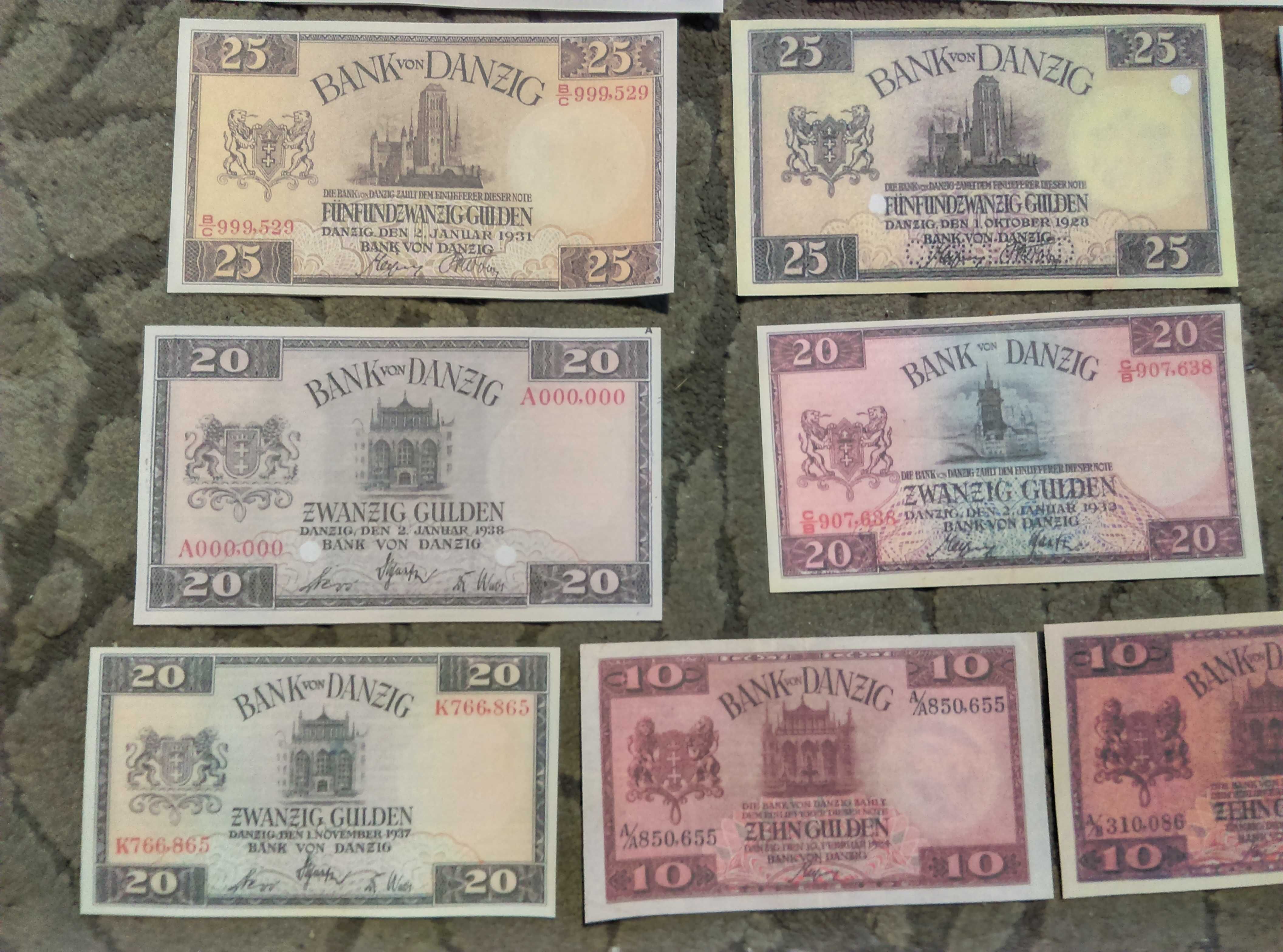 Wolne Miasto Gdańsk zestaw guldenów 16 banknotów od 1924 do 1938 roku