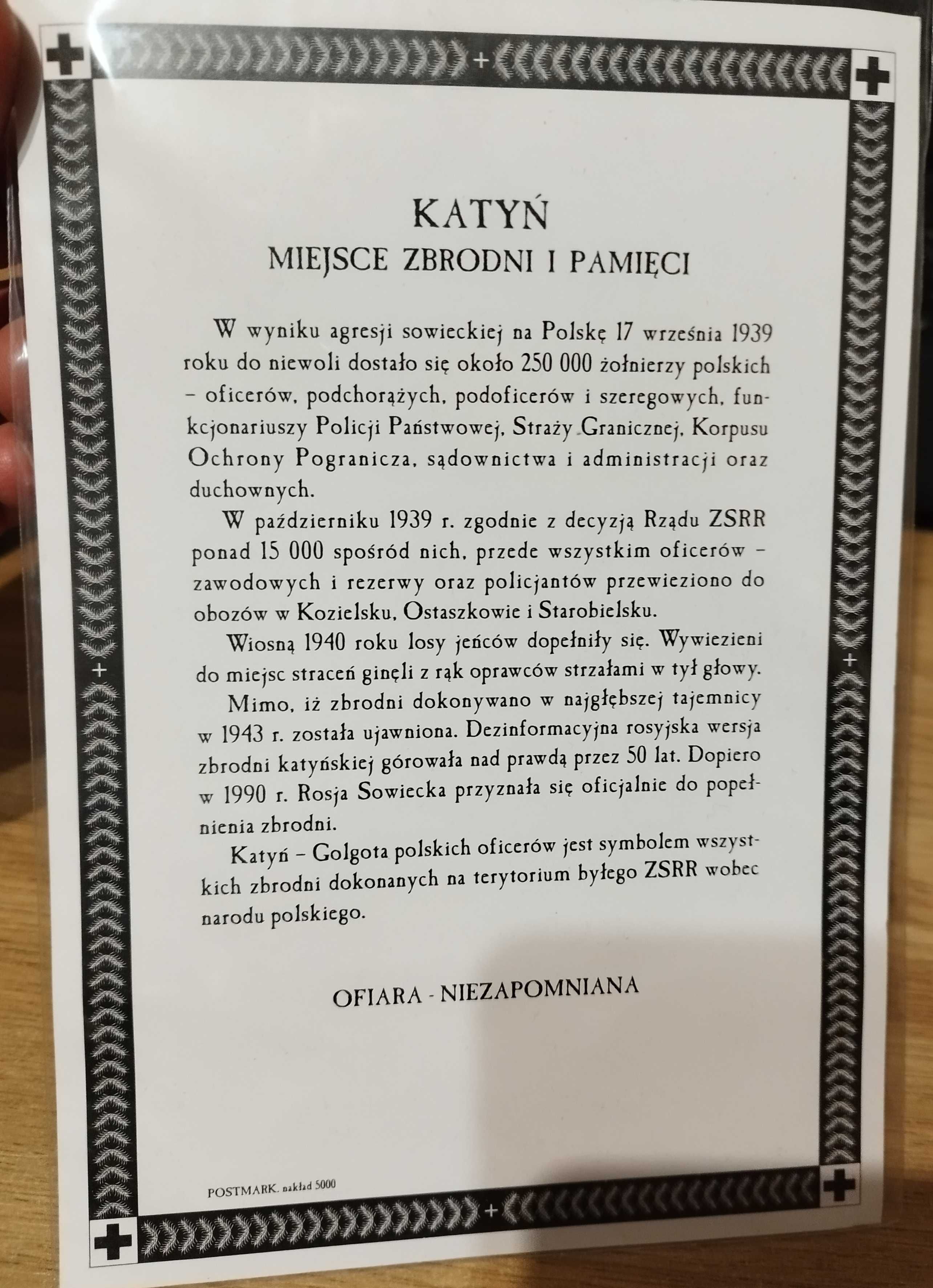 Znaczek karnet kolekcjonerski międzynarodowy rok Katyński 80gr