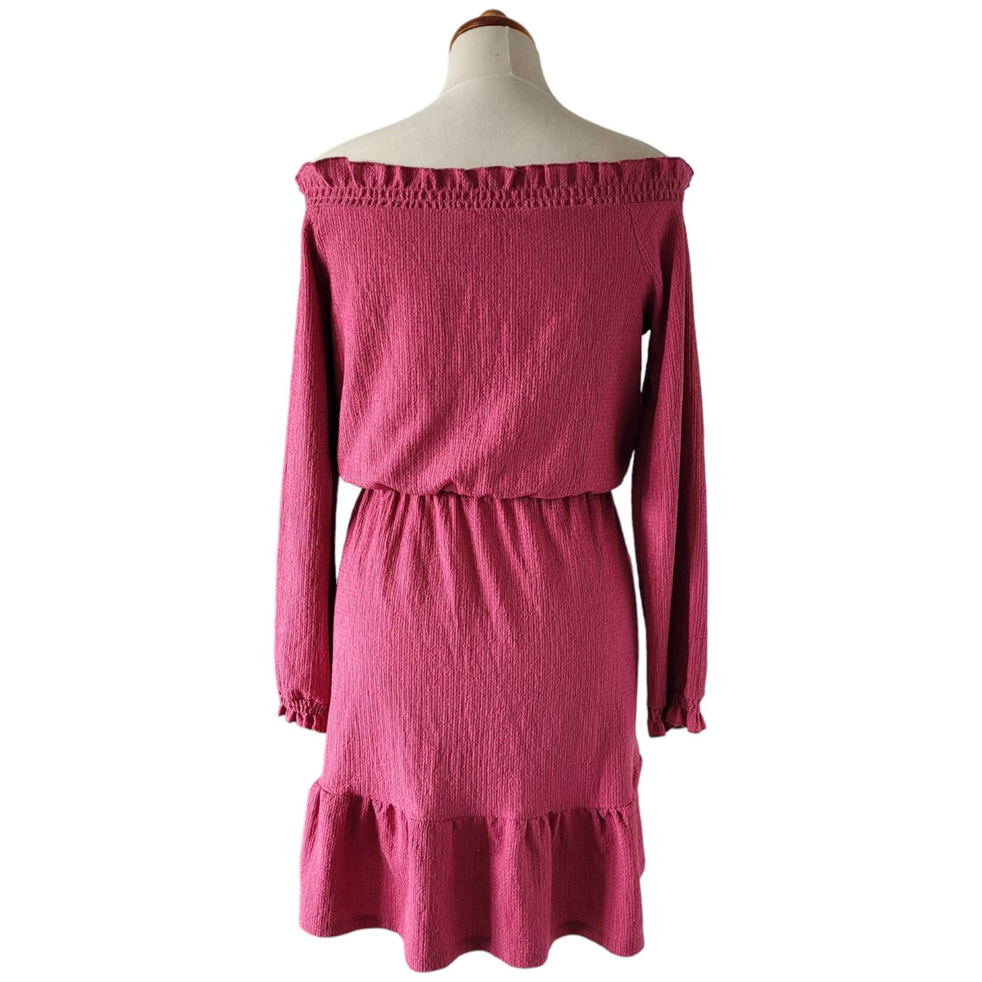 Różowa malinowa fakturowana sukienka hiszpanka z falbaną XS S Mohito