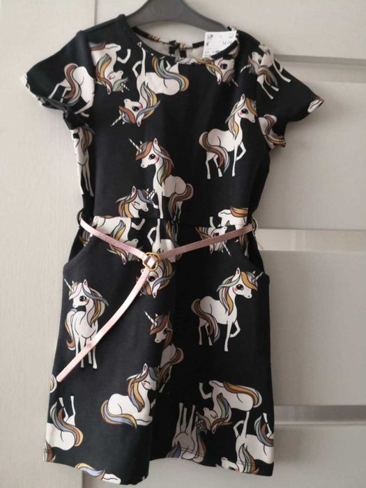Nowe sukienki letnie H&M z paskiem dla bliźniaczek jednorożce r 104