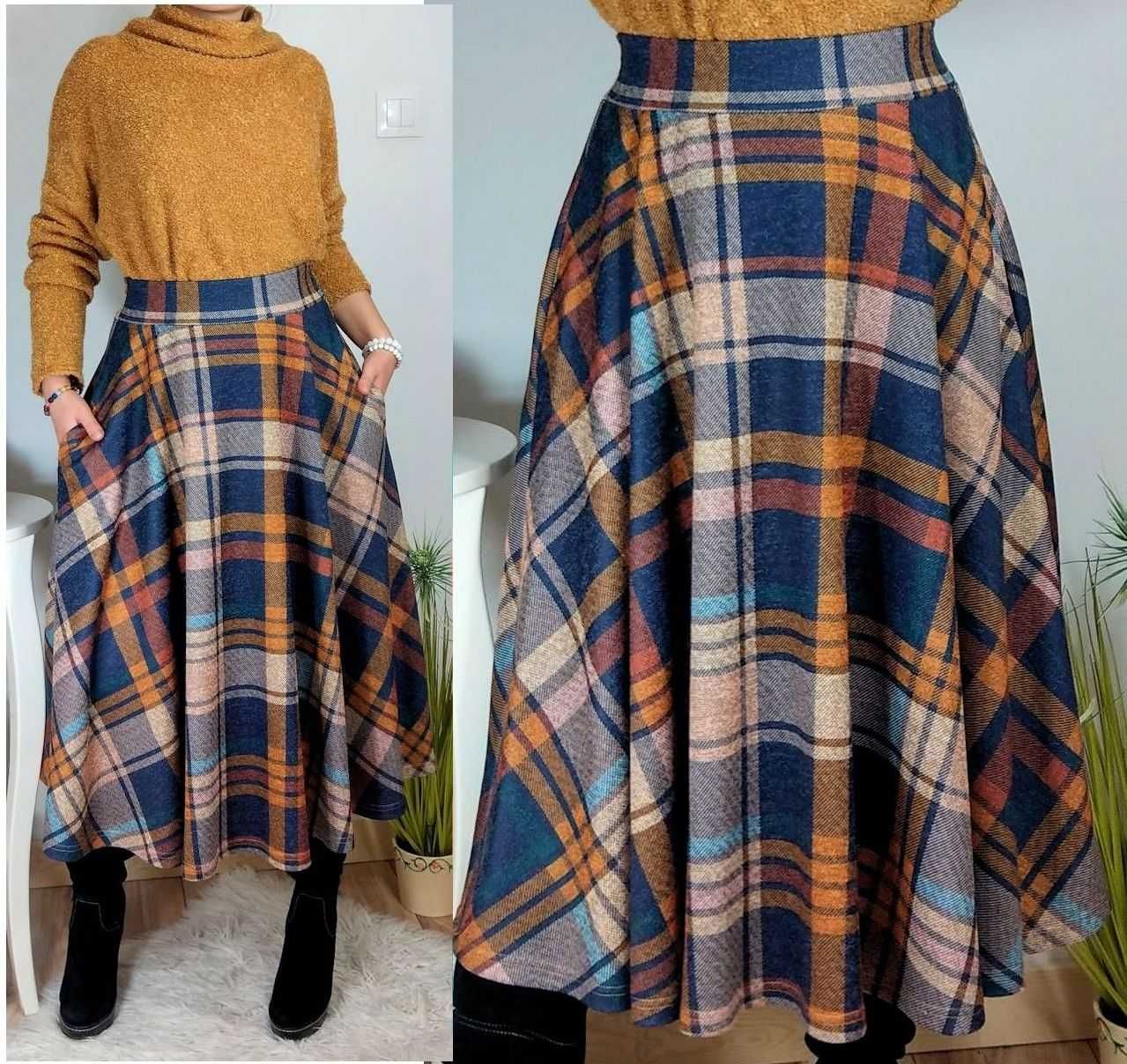 Spódnica w kratę KRATA do połowy łydki na gumie 48 4XL