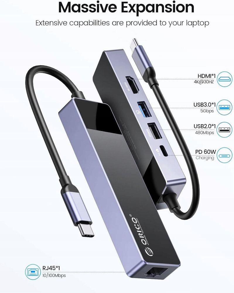 Orico Hub USB-C 5 w 1, LAN, HDMI 4K 30Hz, USB-A 3.0x1, USB-A2.0x1