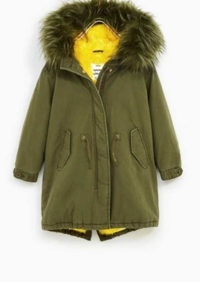 Zara 164 khaki parka futerko miś neon