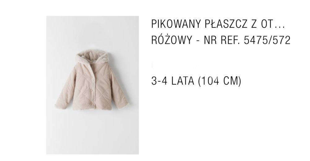 Nowy Pikowany płaszcz z Zary roz. 110 z metką