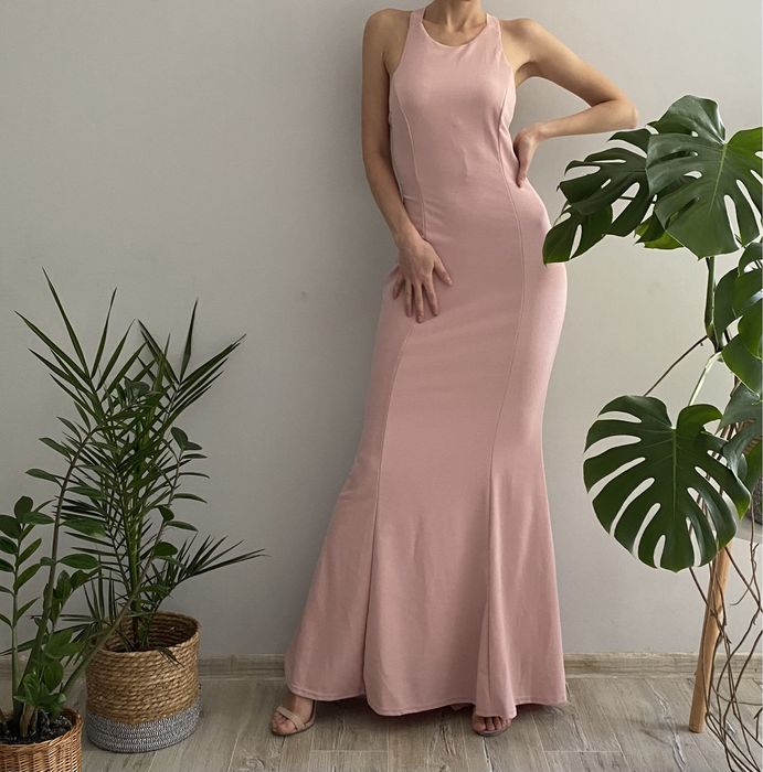 Długa elegancka sukienka wieczorowa maxi nude wesele druhna dla druhny