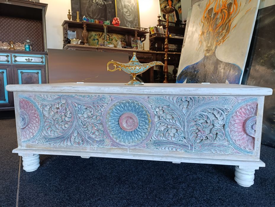 Baú Madeira de Manga Entalhado Mão Arrumação Banco Decorativo Vintage