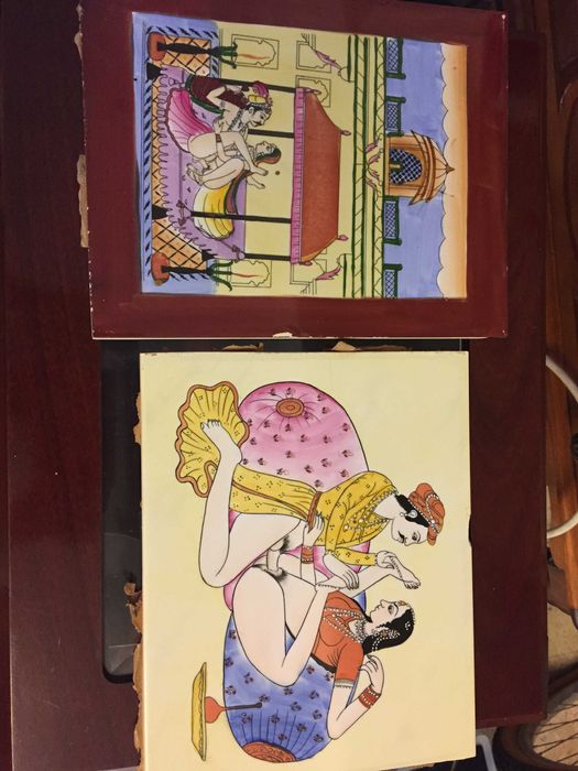 Gravuras em azulejo, motivo erótico. Pintado à mão. Antigas.