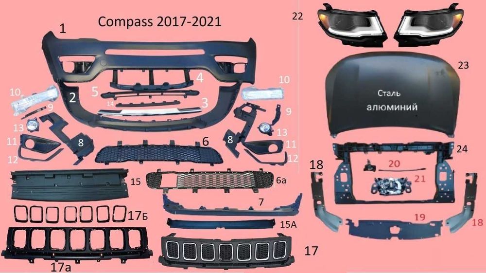 Бампер Фары Капот передний Jeep Compass 2017-2022 в сборе и по частям