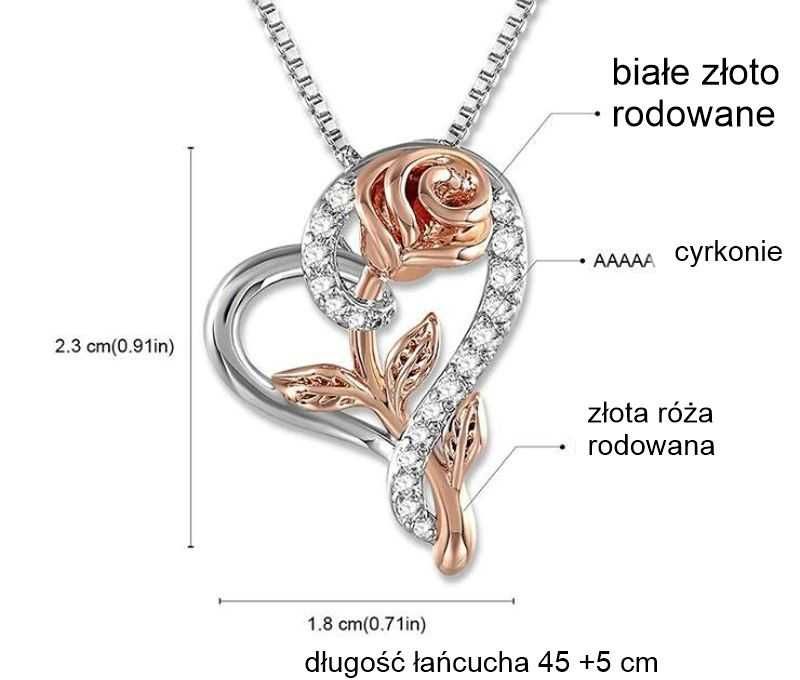 Piękny srebrny naszyjnik serce róża łańcuszek z zawieszką