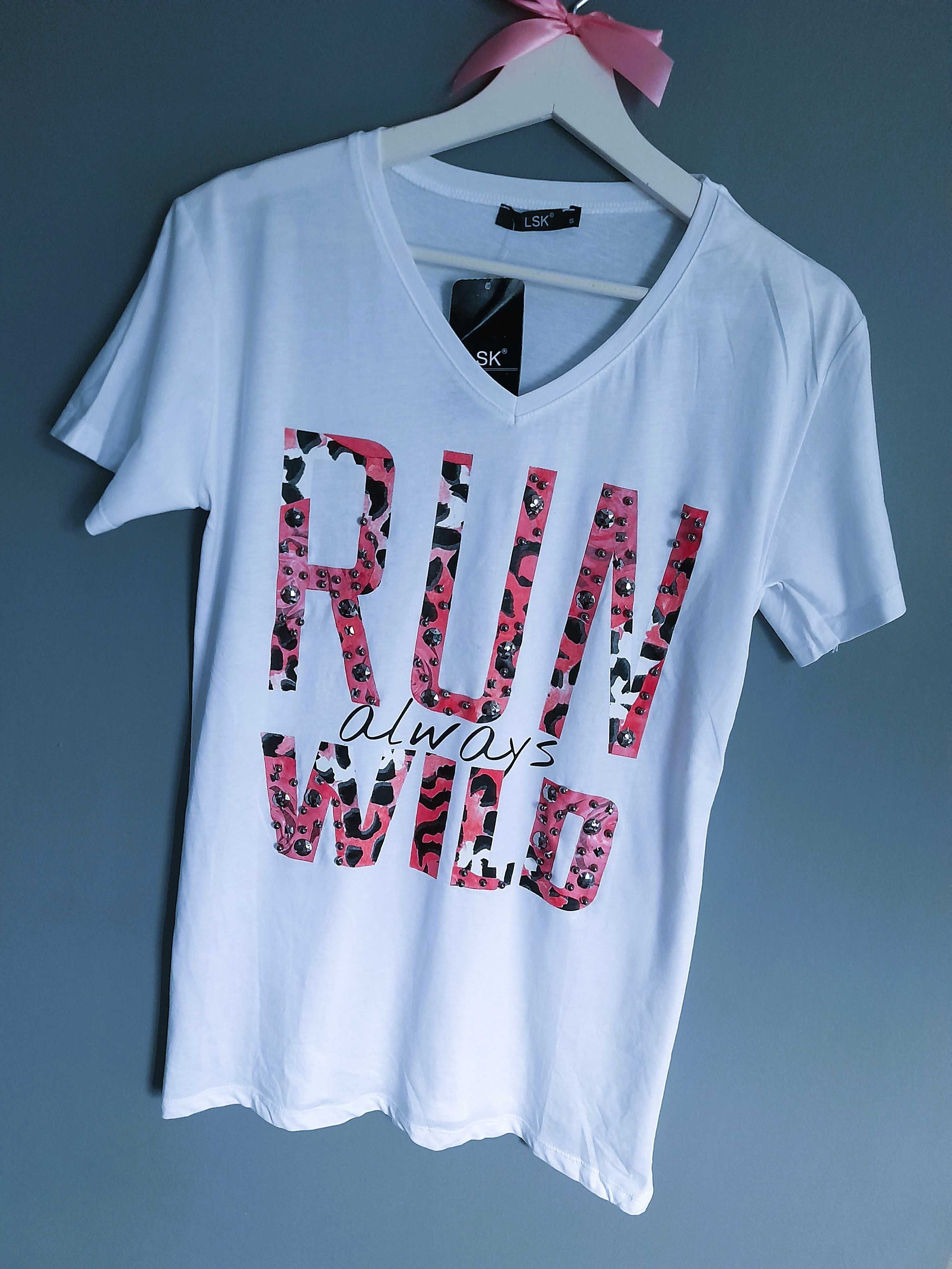Biały t-shirt różowy napis panterka cyrkonie
