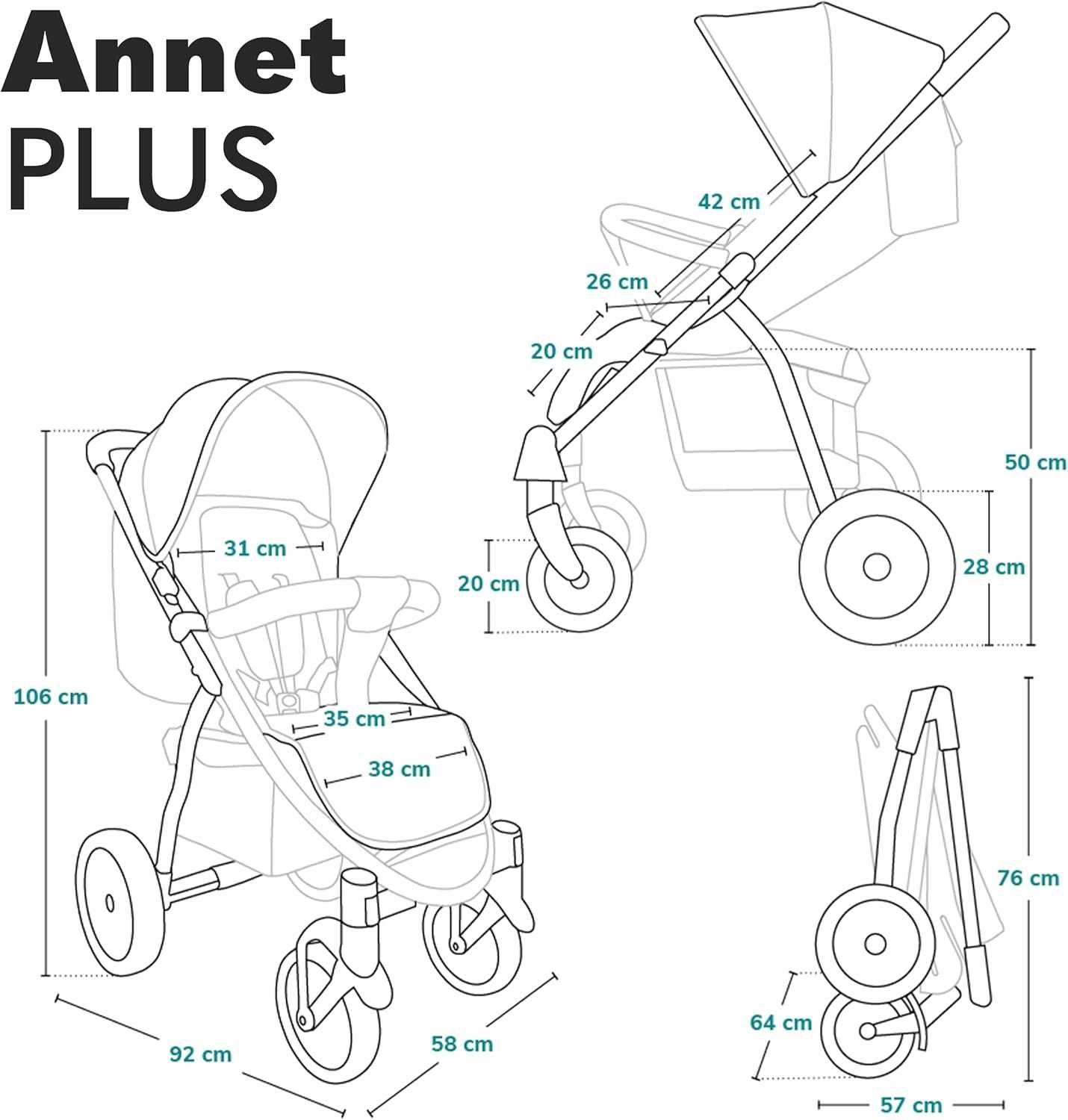 LIONELO Annet Plus wózek spacerowy do 22 kg, łatwe składanie