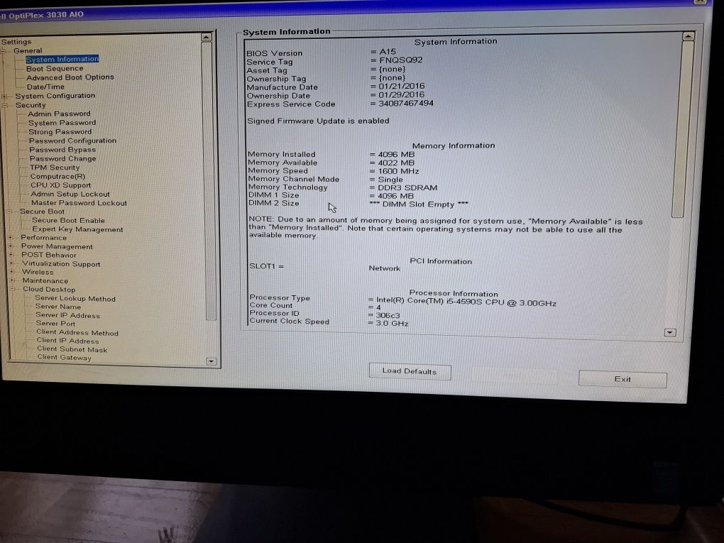 Dell optiplex 3030 AIO i5 3GHz 4590s 4GB RAM
