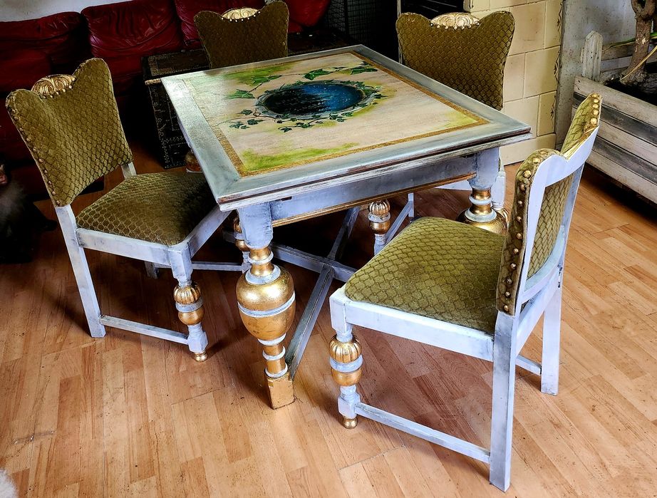 Stół rozkładany komplet krzesła ręcznie malowany unikat