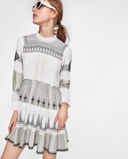 ZARA sukienka boho z kontrastowym haftem biała ecru S