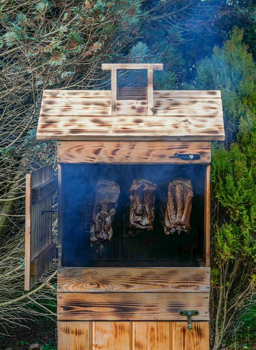 Wędzarnia drewniana ogrodowa podwójna opalana, komplet wędzarniczy.