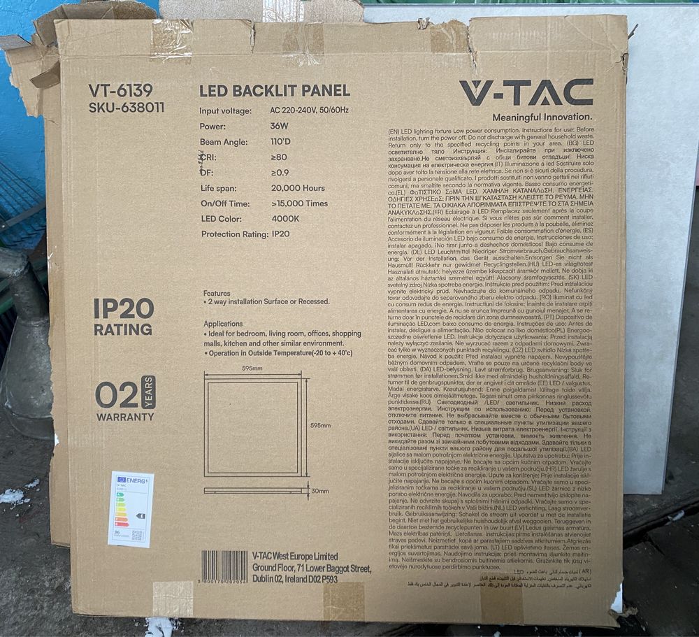 V-TAC Panel LED 60x60 36W biały 2 sztuki