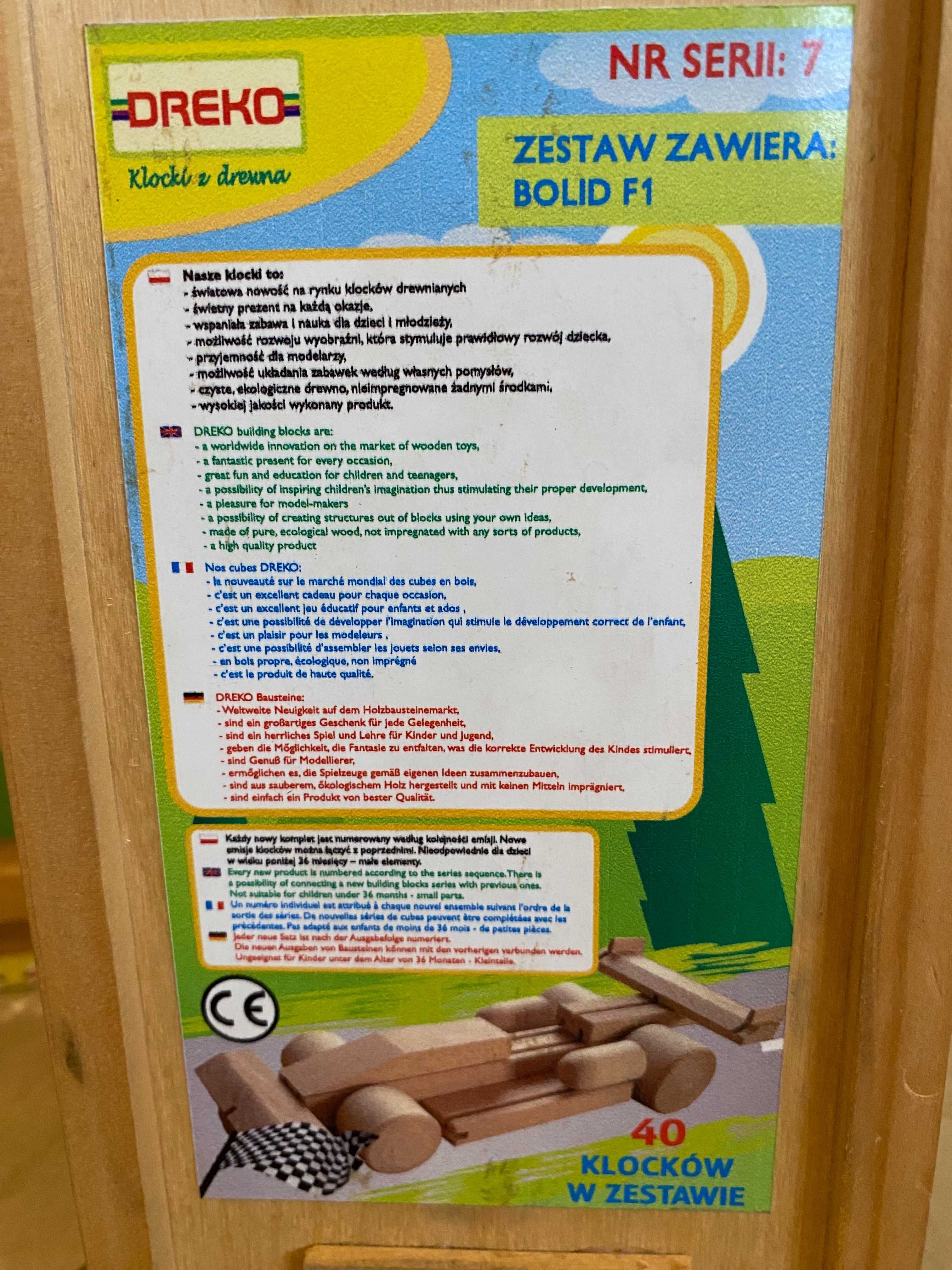 Klocki eko drewniane DREKO - model BOLID F1, domek, pociąg.