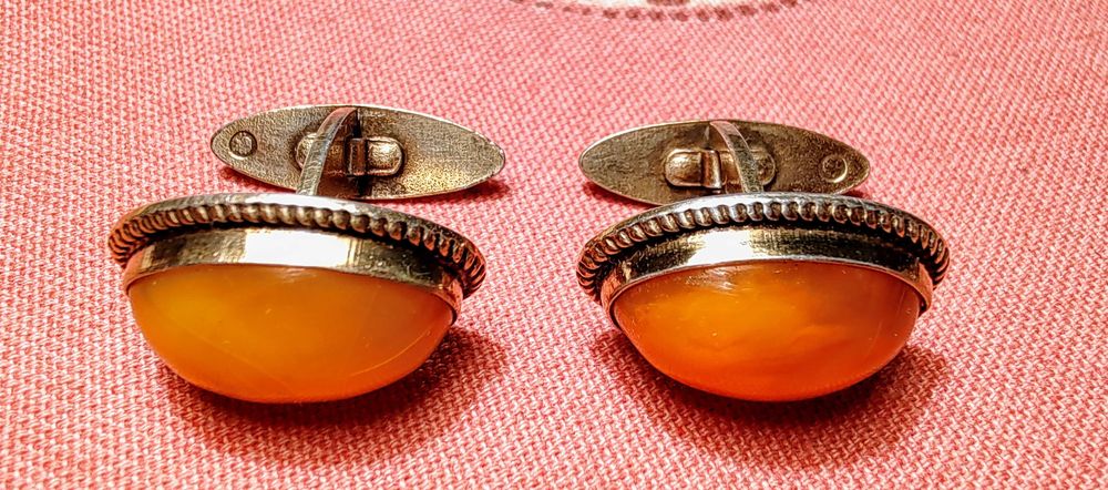 Винтажные серебряные запонки 875°с королевским янтарём,Рига 50-е, СССР