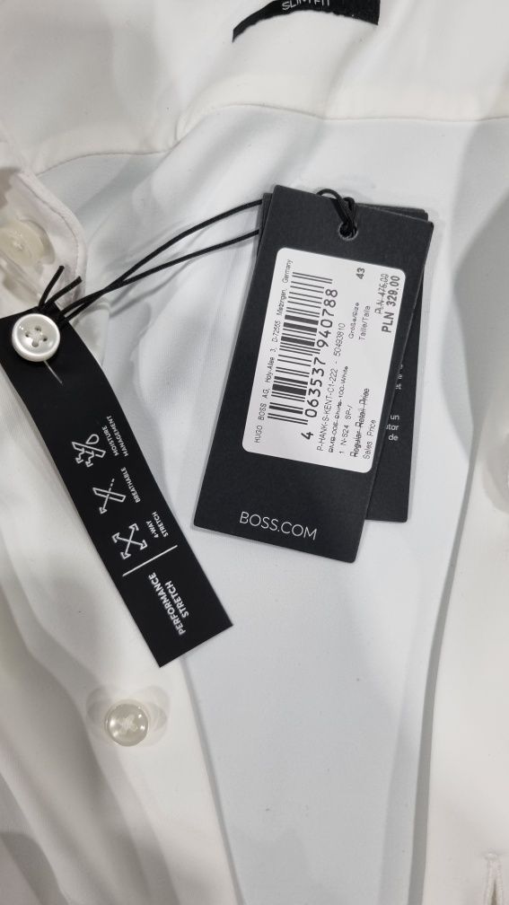 Nowa biała koszula BOSS, rozmiar 43, slim fit, performance stretch