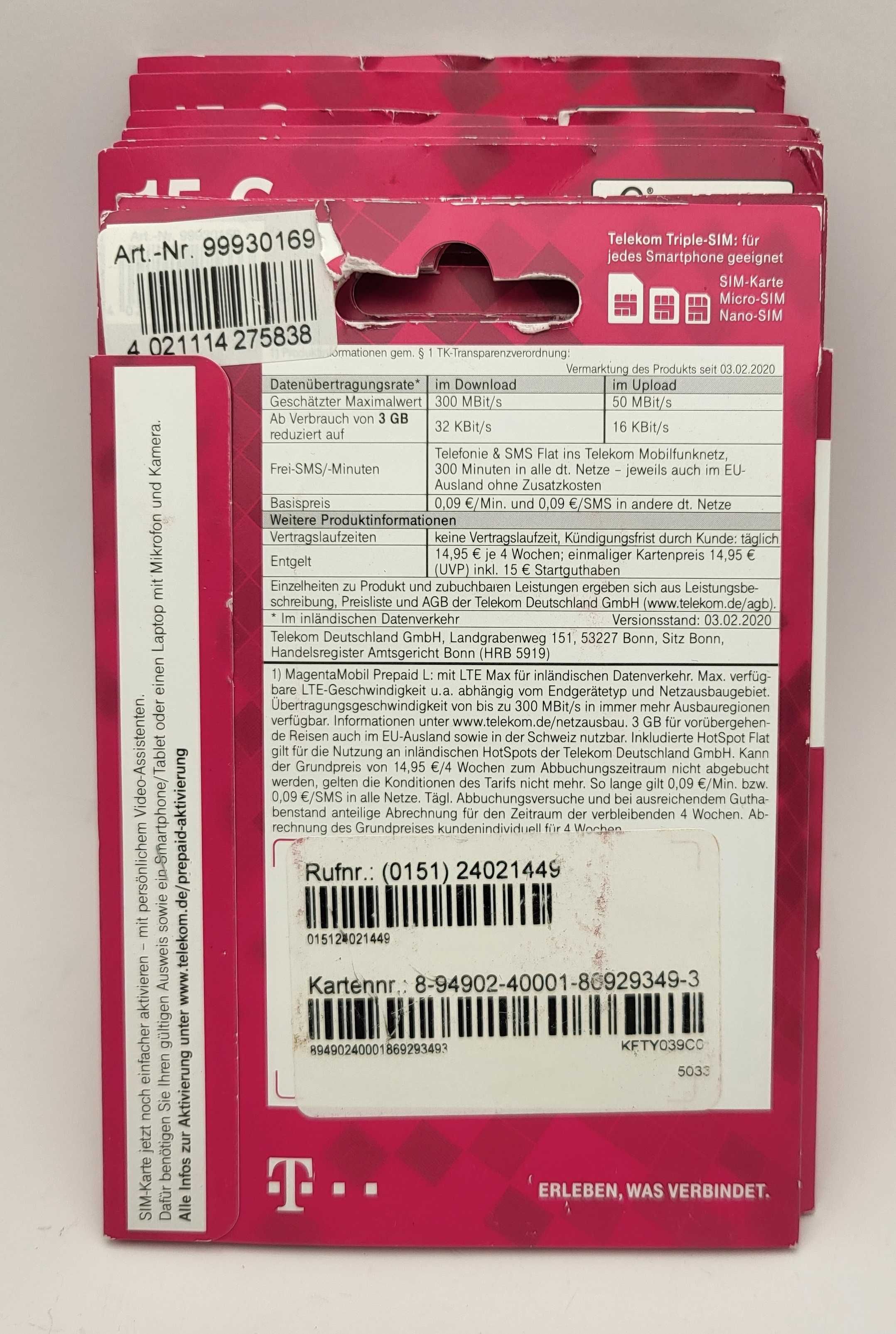 Karta SIM Niemiecka T-Mobile nowa - nieaktywna - 15€ HURT-Detal