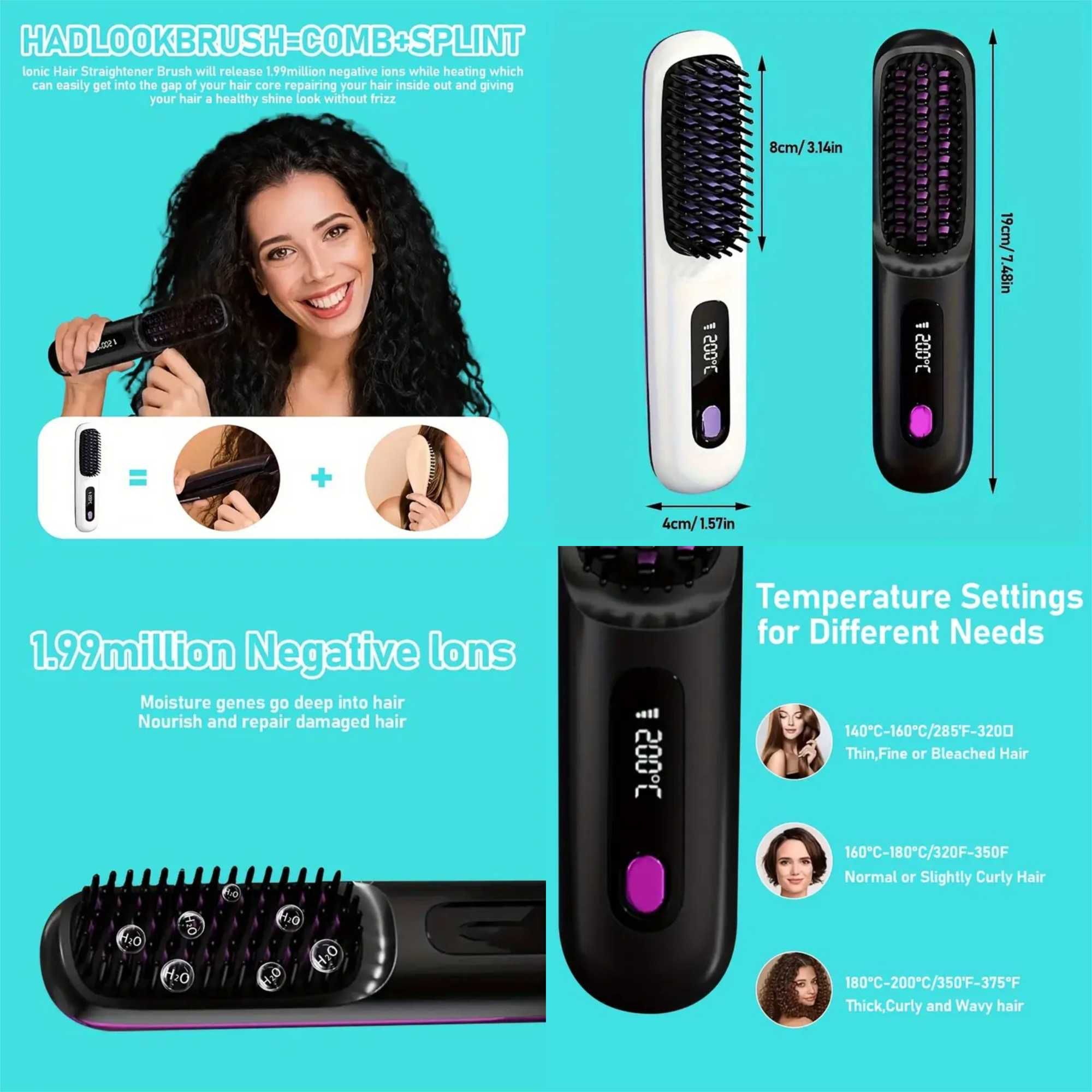 Escova alisadora cabelo. Portátil. USB. 3 níveis temperatura. Novo.